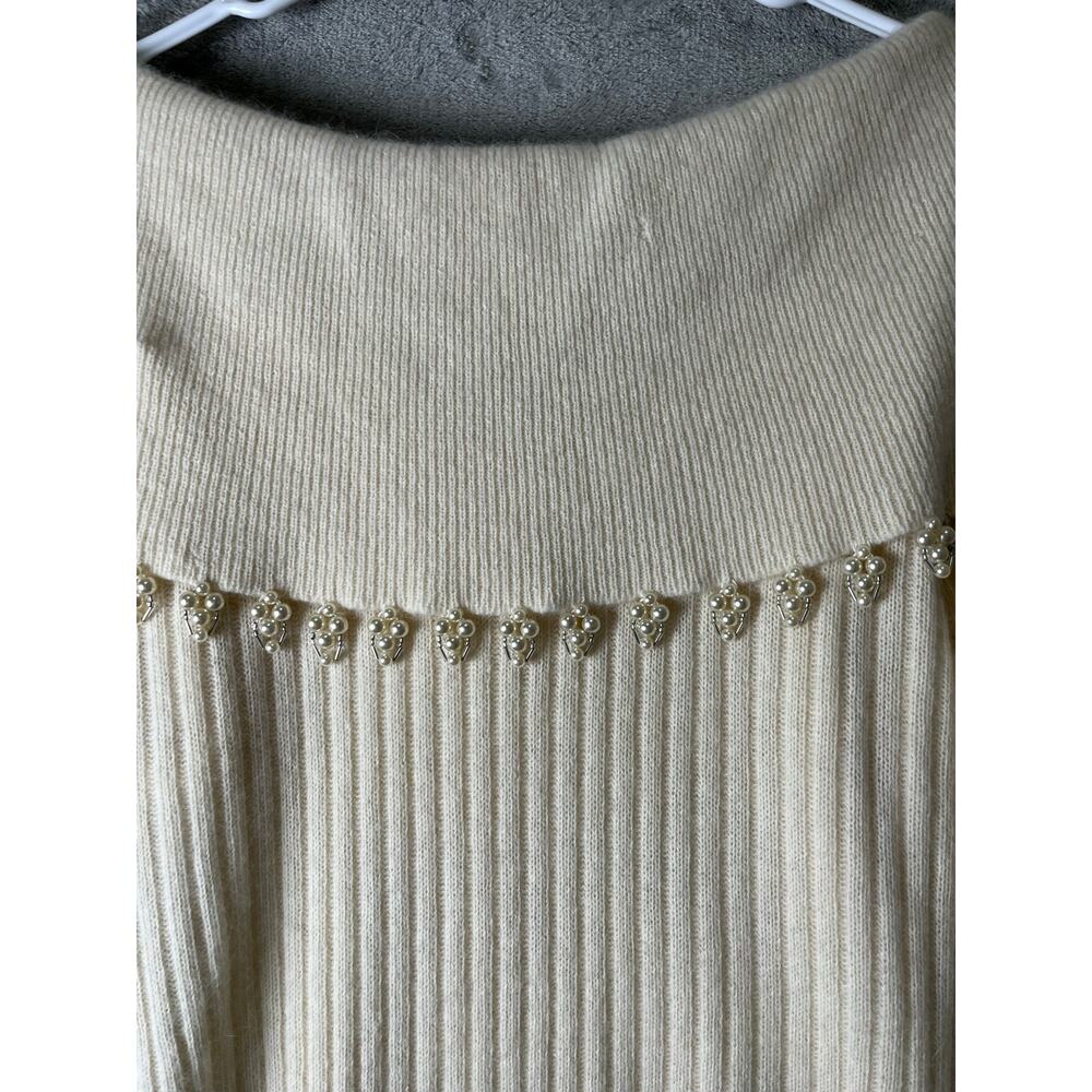 Vintage Ivory Lambswool Angora Beaded Ribbed Knit Sweater Skirt Set Quiet Luxury - Picture 5 of 13